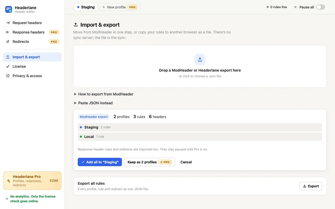 Import & export: a ModHeader export previewed as 2 profiles, 3 rules and 6 headers before anything is added