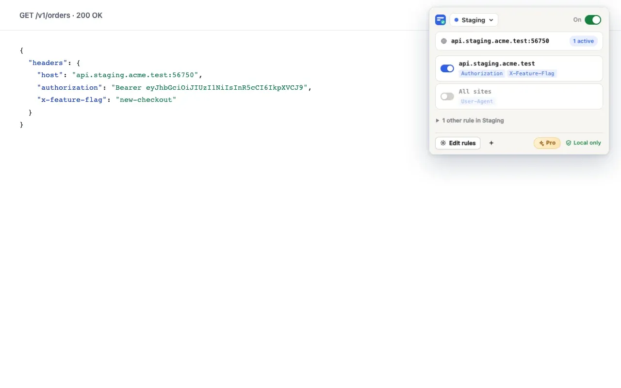 The toolbar popup over an API response: the staging rule is active on this tab, and the response shows the authorization and x-feature-flag headers arriving