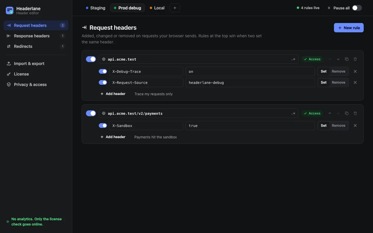 Pro profiles in dark mode: Staging, Prod debug and Local, with Prod debug's trace headers