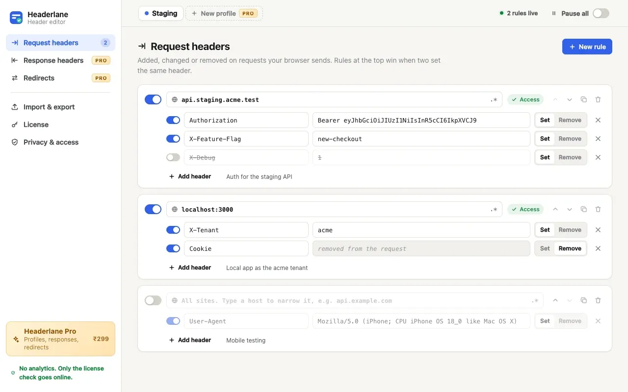 Request header rules: an Authorization token and a feature flag for api.staging.acme.test, a tenant header and a removed Cookie for localhost:3000