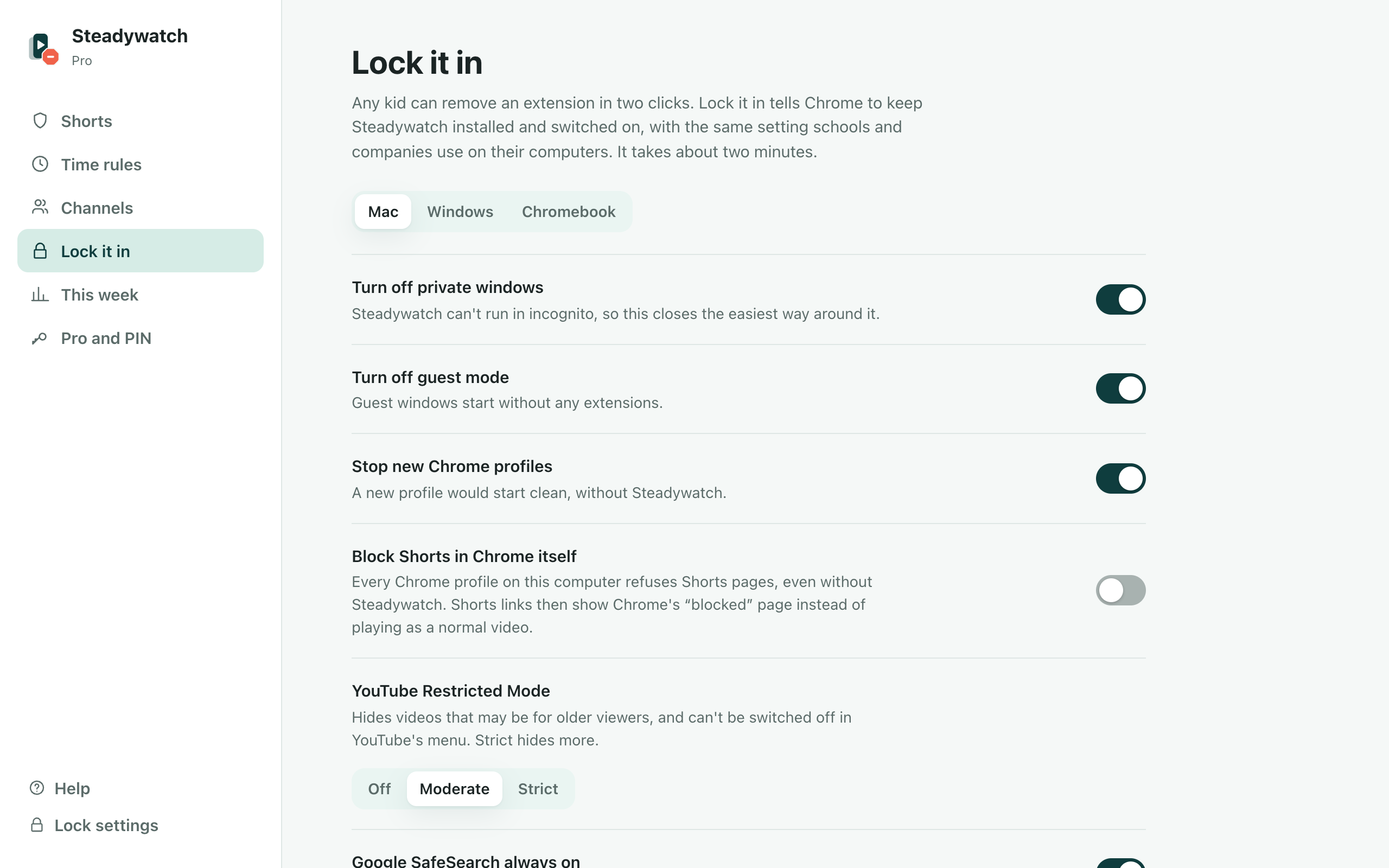 Lock it in: turn off private windows, guest mode and new profiles, then download the lock file for Mac