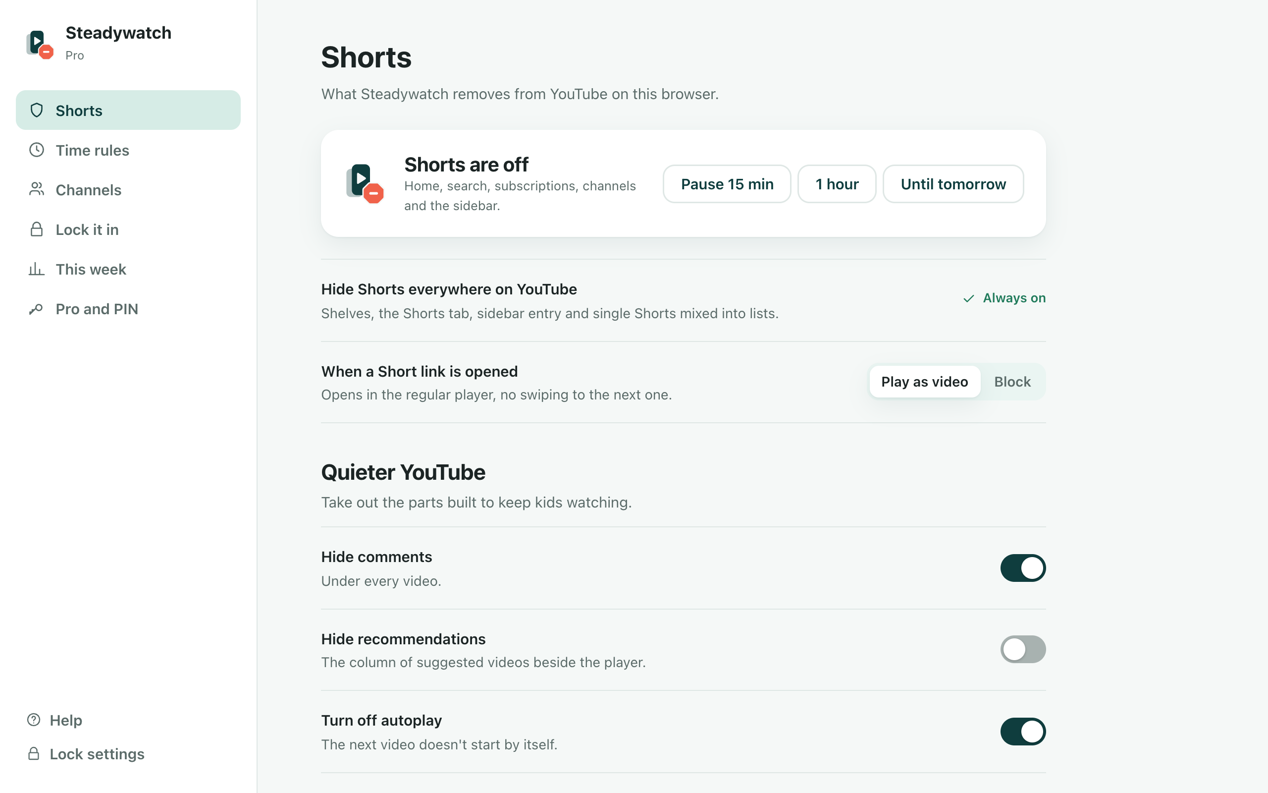 Steadywatch settings: Shorts are off, with pause buttons and the Quieter YouTube switches